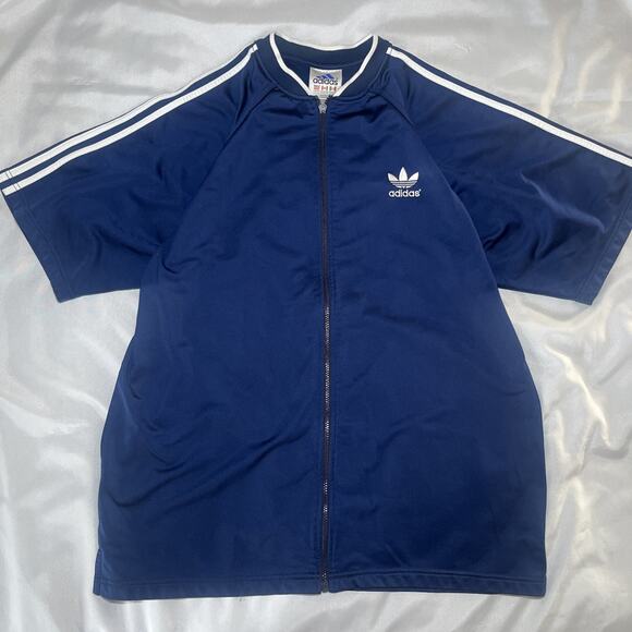 VTG 90s Y2K ADIDAS Short Sleeve Full Zip Blue Men's Size XL Back Logo Stripes - Picture 1 of 11